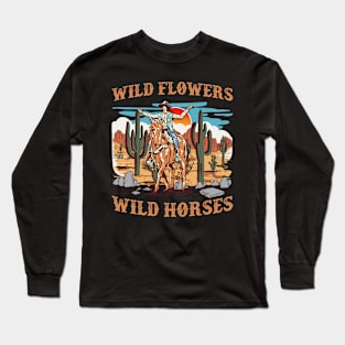 Sunset Cowgirl Riding Horse Wild Flowers - Wild Horses Gift For Mother day Women Long Sleeve T-Shirt